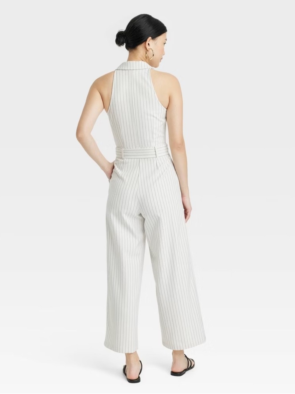 A New Day Cream Pinstripe Halter Wrap Jumpsuit - Picture 2 of 5